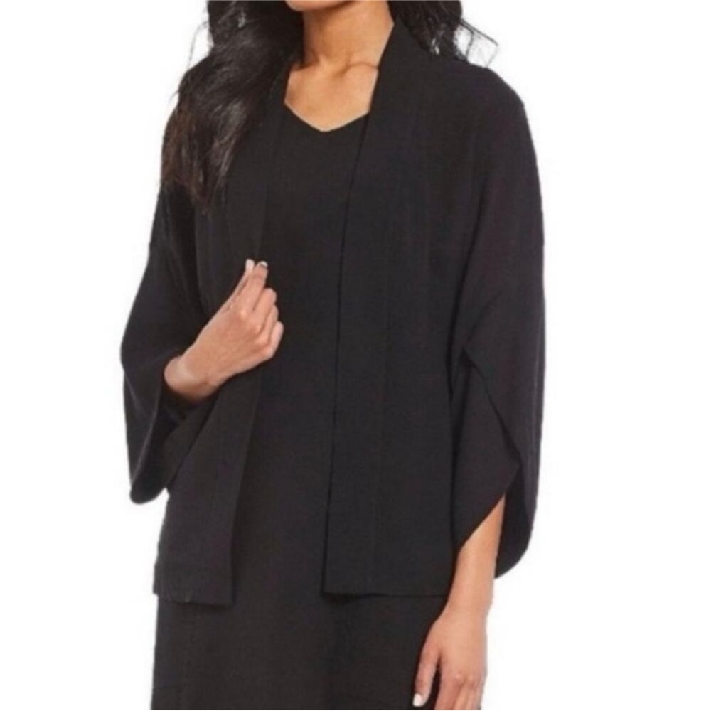 Eileen Fisher Black Silk Georgette Crepe Kimono Draped Open Blazer Jacket S - Picture 2 of 8